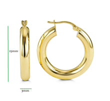Charger l&#39;image dans la galerie, 10K YELLOW/WHITE/ROSE GOLD CLASSIC SHINY POLISHED ROUND HOOP EARRINGS, 3mm TUBE Size 15mm
