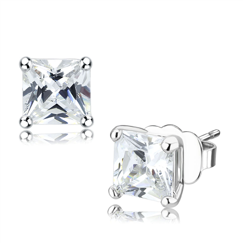 Studs Brass Earrings Rhodium Unisex AAA Grade CZ Clear Princess cut (6.8 mm)