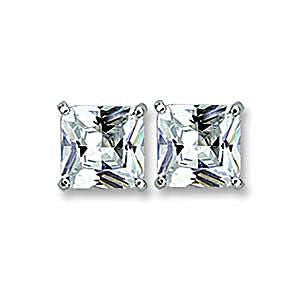 Studs Brass Earrings Rhodium Unisex AAA Grade CZ Clear Princess cut (6.5 mm)-1.50 ct