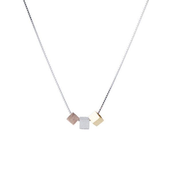 925 Sterling Silver 3 colors Puffy Cubes Necklace Rhodium