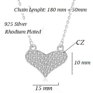 925 Sterling Silver Heart Necklace Rhodium CZ
