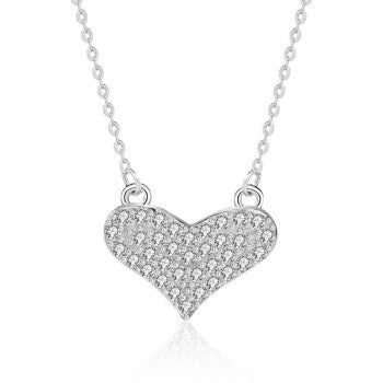 925 Sterling Silver Heart Necklace Rhodium CZ
