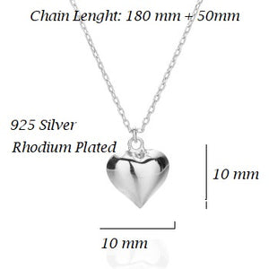 925 Sterling Silver Puffy Heart Necklace Rhodium