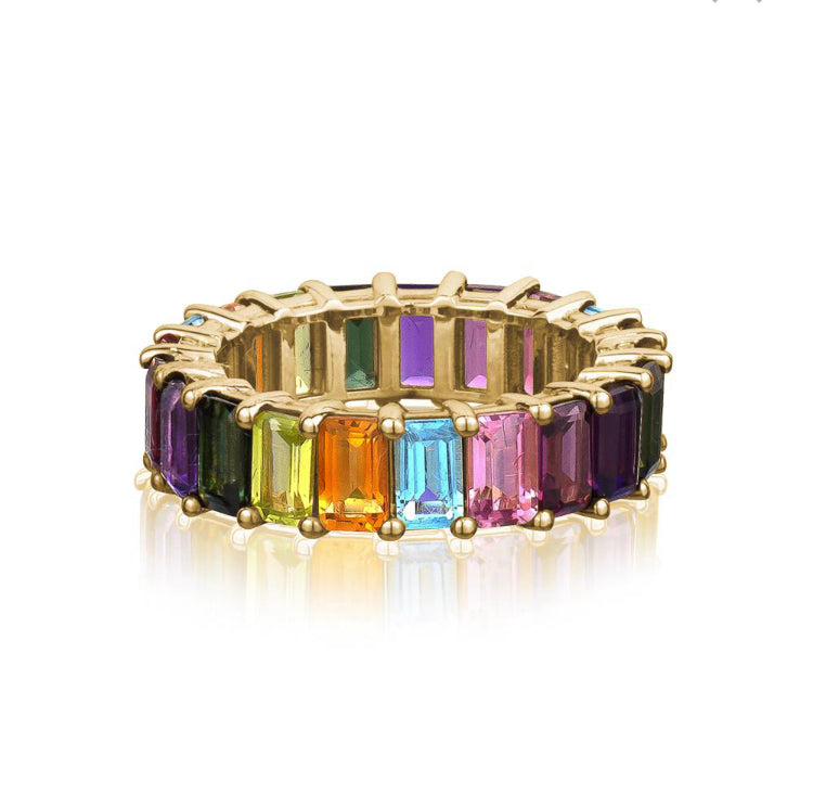 RAINBOW EMERALD CUT ETERNITY RING 14K Gold