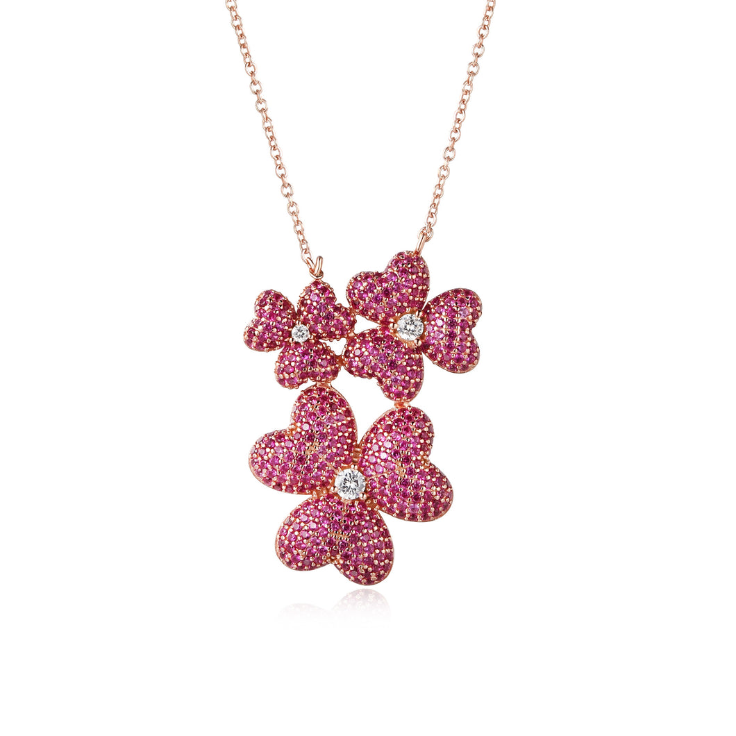 Silver 925 Flower Petals Pendant Made with AAA-Zircon/Pink Round stones