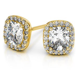 Halo Cushion Diamond Stud Earrings In Yellow 14K Gold